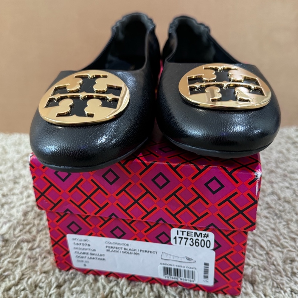Tory Burch Black/Gold Goat Leather Claire Ballet Flats US 9 new dust bag - Picture 16 of 17